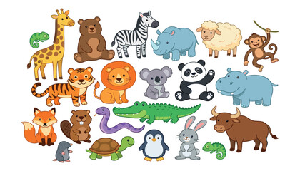 Obraz premium Cute cartoon wild and farm animal vector illustrations set including giraffe tiger lion panda and bear