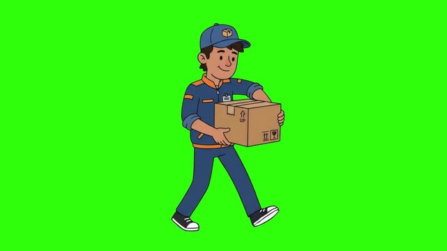 A 2D cartoon courier delivery man in uniform carrying a cardboard parcel box while walking on a chroma key green background. Excellent for e-commerce promo videos, logistics services, shipping app tut