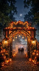 Fototapeta premium People walking through a decorated Halloween archway at night