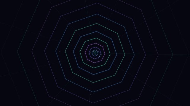 Neon octagonal tunnel motion background, with pulsing geometric, lines and particles abstract
