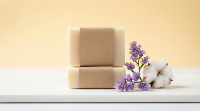 Two bars of natural handmade soap wrapped in brown paper with dried cotton and purple flowers on a white surface