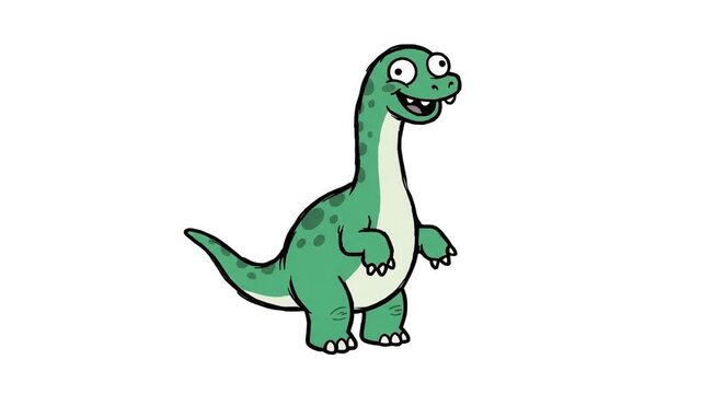 A happy 2D cartoon Diplodocus dinosaur character dancing cheerfully on an isolated white background. Perfect for children books, educational app design, stickers, funny reaction clips, and web graphic