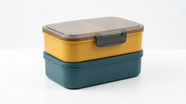 Stacked yellow and teal plastic lunch boxes isolated on white background