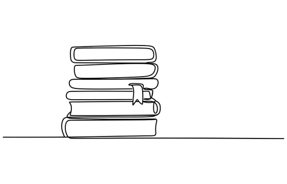 Continuous single line drawing of a stack of books with a bookmark