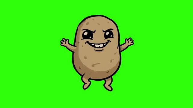 A funny 2D cartoon potato character dancing happily with open arms on a chroma key green background. Great for food promos, cooking videos, vegetable animations, kids mobile games, and keyable visual 