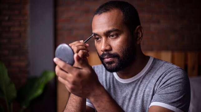 Man grooming eyebrows with brush and mirror