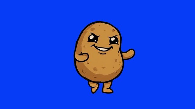 A cute 2D animated potato character dancing and smirking on a chroma key blue background. Perfect for food animations, fast food promos, agricultural videos, social media content, and playful mascot v