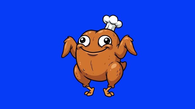 A funny 2D animated roasted turkey character wearing a chef hat dancing joyfully on a chroma key blue background. Ideal for Thanksgiving promos, restaurant advertisements, food commercials, and funny 