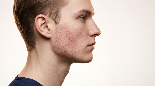 Side profile of young man suffering from facial acne vulgaris inflammation and post inflammatory redness