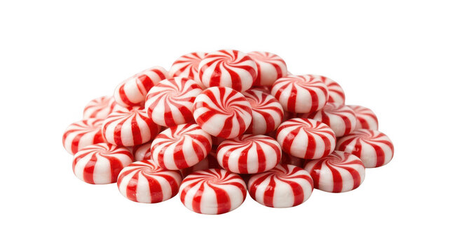 A large pile of red and white striped peppermint candy sweets isolated on transparent background