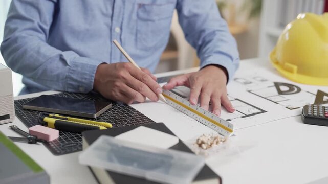 Focused Asian Male Architect Drawing Blueprint on Desk in Modern Architectural Studio