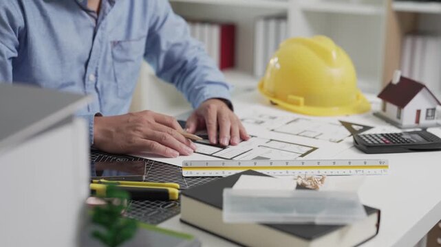 Focused Asian Male Architect Drawing Blueprint on Desk in Modern Architectural Studio