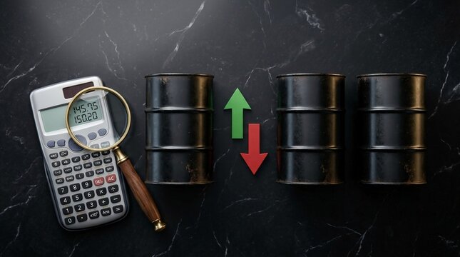 Oil Barrels and Financial Analysis Tools Illustrating Market Trends and Price Fluctuations