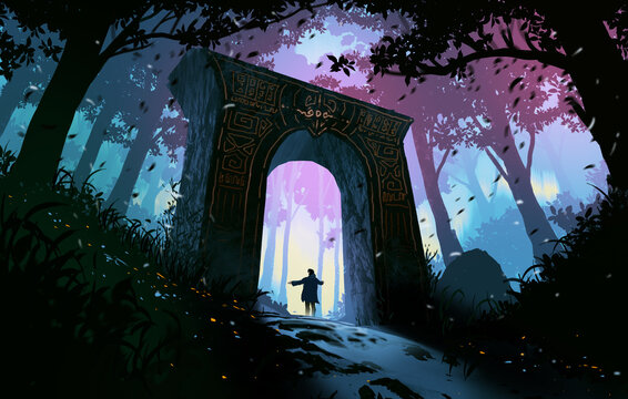 Ancient Portal Gate in a Mystical Forest with Lone Traveler.