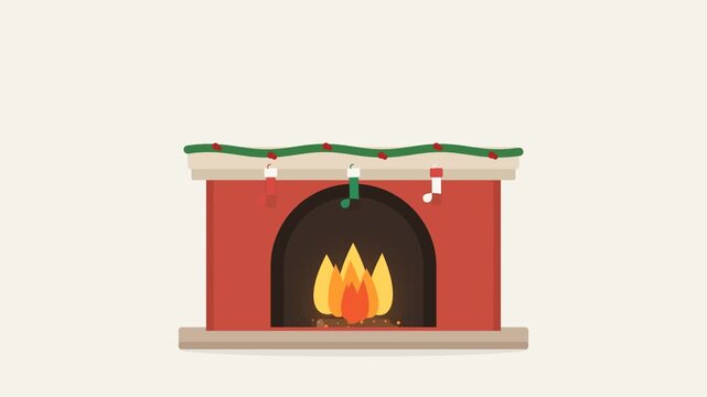 Flat Design Christmas Fireplace Loop Animation with Flickering Flames and Stockings Background