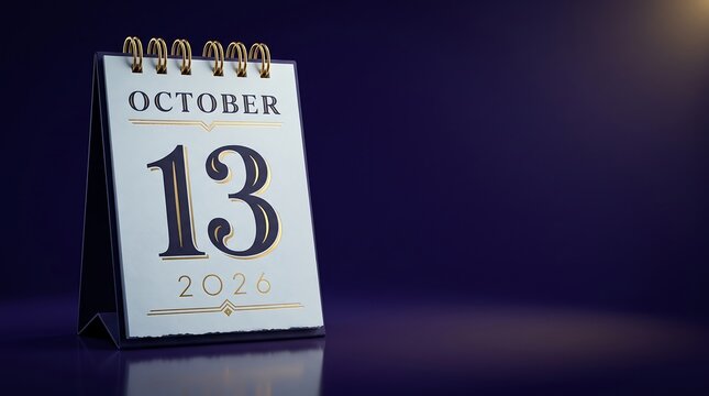 October 13 2026 desk calendar on elegant dark purple background. Spiral flip calendar showing October 13th date. Professional time management and appointment scheduling concept with copy space.