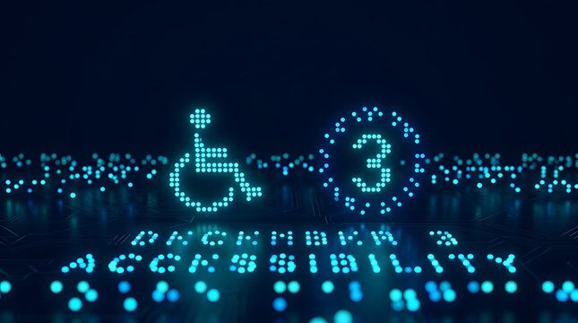 Digital accessibility concept with wheelchair symbol and number 3 on dark technological background