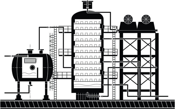 Industrial Chemical Processing CAD Drawing with Distillation Column Pressure Vessel Cooling Tower Pipelines and Equipment