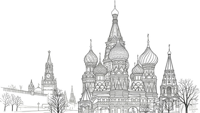 Saint Basils Cathedral and Kremlin tower in Moscow Red Square historical architecture line art landmark vector