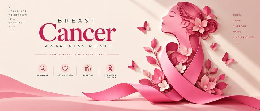 Stylized paper craft illustration of a woman profile with pink ribbon for breast cancer awareness feminine survival prevention research wellness