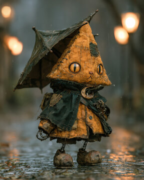 Quirky handmade cat character in a patched orange coat and dark cape holding an umbrella on a rainy street with warm blurred lights.