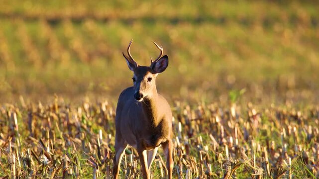 Whitetail buck walks through harvested cornfield with sandhill cranes