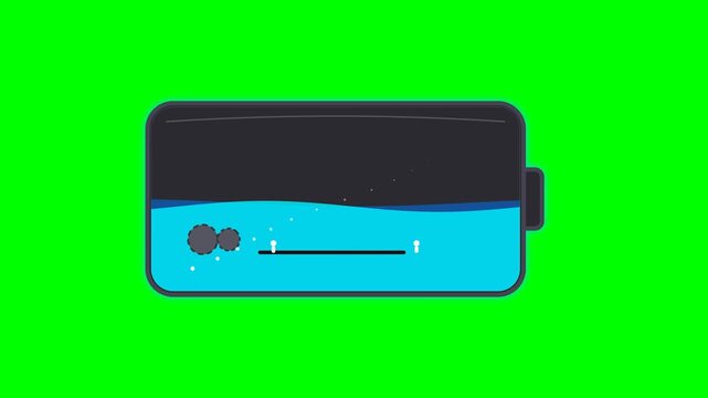 Fun 2D battery icon turned into a tiny energy factory, with miniature workers moving around and a softly fluctuating charge indicator, clean vector animation, seamless loop.