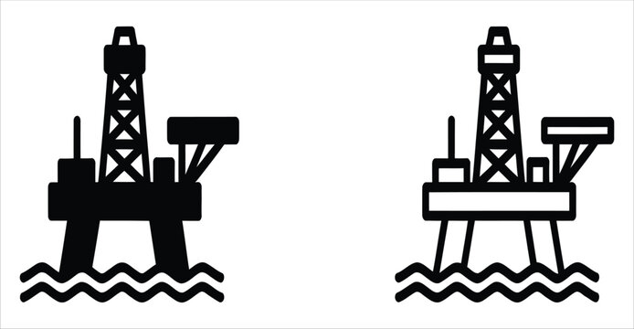 Oil and gas drilling platform vector icon collection featuring industrial rig symbols for petroleum exploration, offshore drilling, energy production, engineering and fuel industry design.