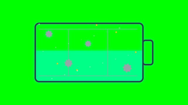 Playful 2D battery icon designed as a miniature power factory, with tiny workers moving inside and a gently changing percentage indicator, clean vector animation, seamless loop.