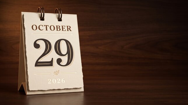 October 29 2026 calendar page on dark wood background. Vintage flip calendar showing October 29th date. Elegant desktop calendar for autumn schedule planning and deadline management.