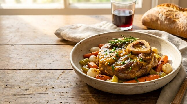 Delicious osso buco veal shank with vegetables served on a rustic wooden table for dinner. veal osso bucco
