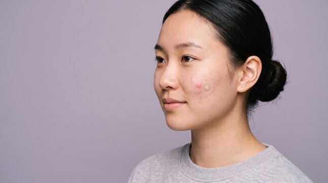 Asian Woman Applying Hydrocolloid Acne Patch Sticker on Cheek Pimple