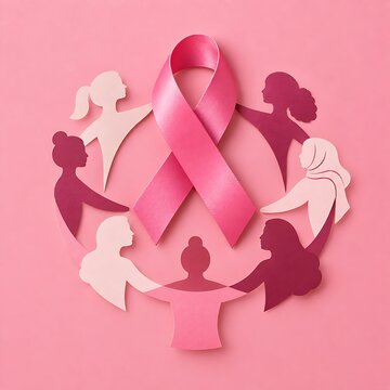 Pink ribbon symbol of breast cancer awareness surrounded by paper cutouts of women holding hands with awareness community solidarity survivor togetherness