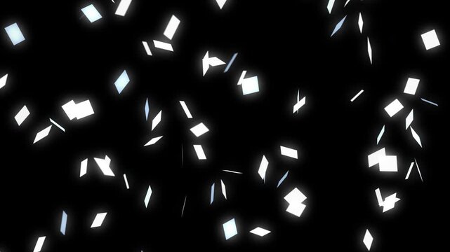 Ordered grid of white squares dissolving into scattered particles and reforming on black background. Seamless loop overlay with alpha channel for technology, data and corporate title backgrounds.
