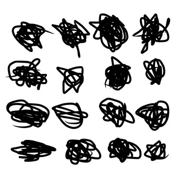 Collection of hand drawn scribble smears. Set of messy ink brush strokes and tangled lines. Abstract chaotic pencil sketches and doodles. Vector design elements.