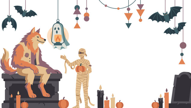 A festive Halloween frame illustration showcasing a cheerful werewolf and mummy celebrating with flying bats and glowing lanterns.