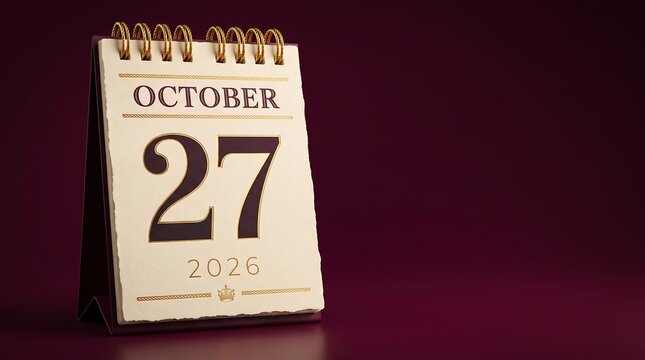 October 27 2026 calendar page, elegant vintage desk calendar showing October 27th date, classic paper flip calendar on dark burgundy background, professional schedule and deadline concept
