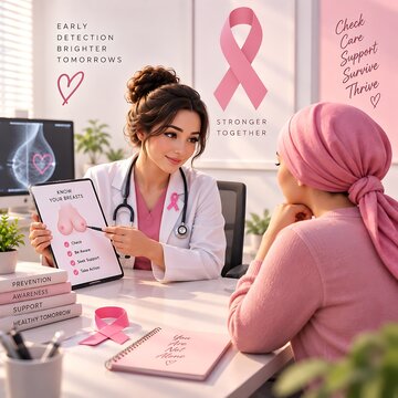 Doctor discussing diagnosis with a female patient wearing a pink headscarf consultation awareness diagnosis wellness hospital communication professional