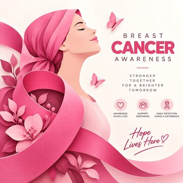 Profile portrait of a woman wearing a pink headscarf for breast cancer support with awareness portrait wellness survivor feminine butterfly solidarity