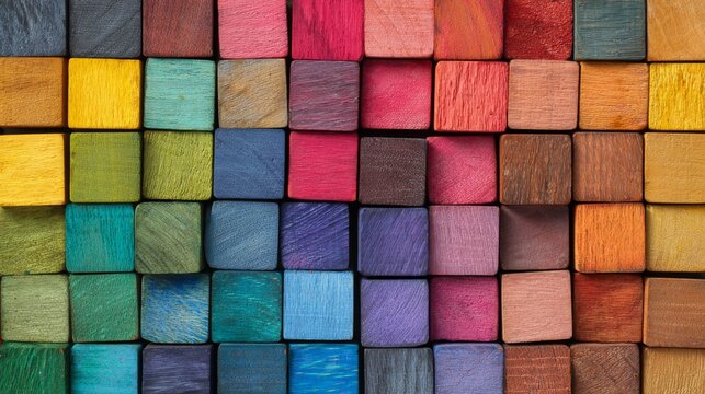Spectrum of colorful wooden blocks aligned together on a bright background representing diversity, inclusion, creativity, unity, equality, collaboration, and different perspectives