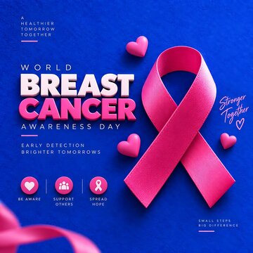 World breast cancer awareness day background with pink ribbon and hearts on blue texture awareness survival campaign prevention detection wellness