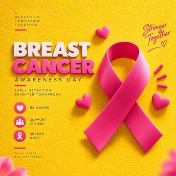 Breast cancer awareness day banner with pink ribbon and hearts on yellow background awareness survival campaign prevention detection wellness strength