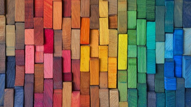 Spectrum of colorful wooden blocks aligned together on a bright background representing diversity, inclusion, creativity, unity, equality, collaboration, and different perspectives