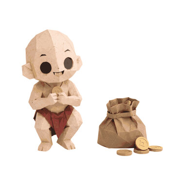 Cute Tuyul Indonesian Folklore Character in 3D Origami Paper Style
