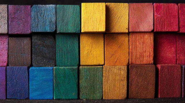 Spectrum of colorful wooden blocks aligned together on a bright background representing diversity, inclusion, creativity, unity, equality, collaboration, and different perspectives