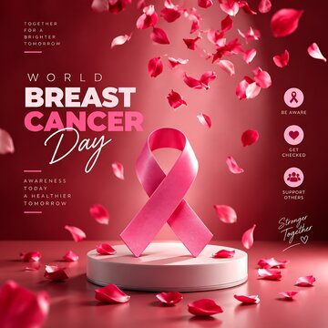 World breast cancer day awareness promotional banner with pink ribbon and falling rose petals awareness survivor campaign prevention research solidarity
