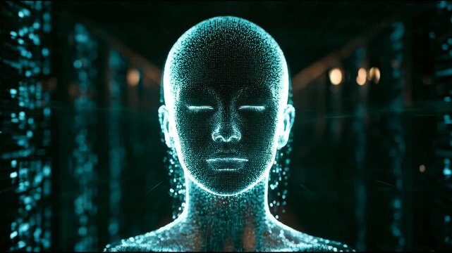 Futuristic 3D digital illustration of a cyborg human head surrounded by an abstract black binary code background Video.