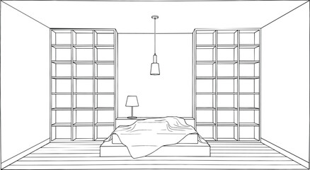 Minimalist bedroom interior sketch featuring platform bed flanked by large grid storage bookshelves vector graphic © Bappi