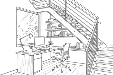 Fototapeta premium Cozy home office workspace setup under a modern staircase with corner desk monitor lamp shelves vector sketch