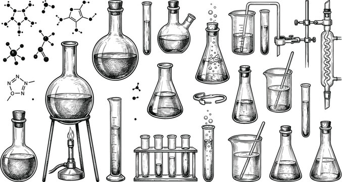 Vintage chemistry laboratory glassware hand drawn set with beakers flasks test tubes burner and molecules vector